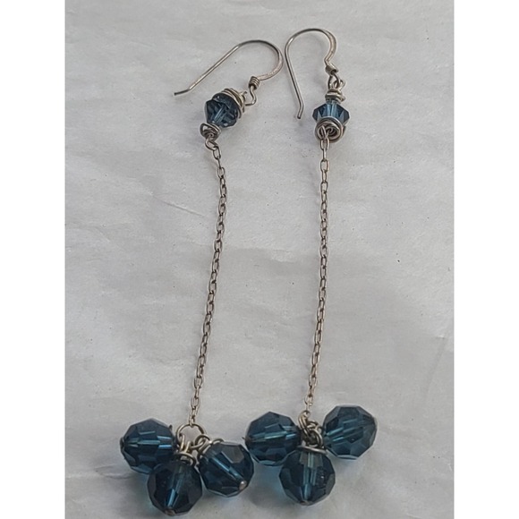 Handmade Sterling Silver 925 Blue Crystal Dangle Earrings  Silver Chain & Hook - Picture 3 of 5